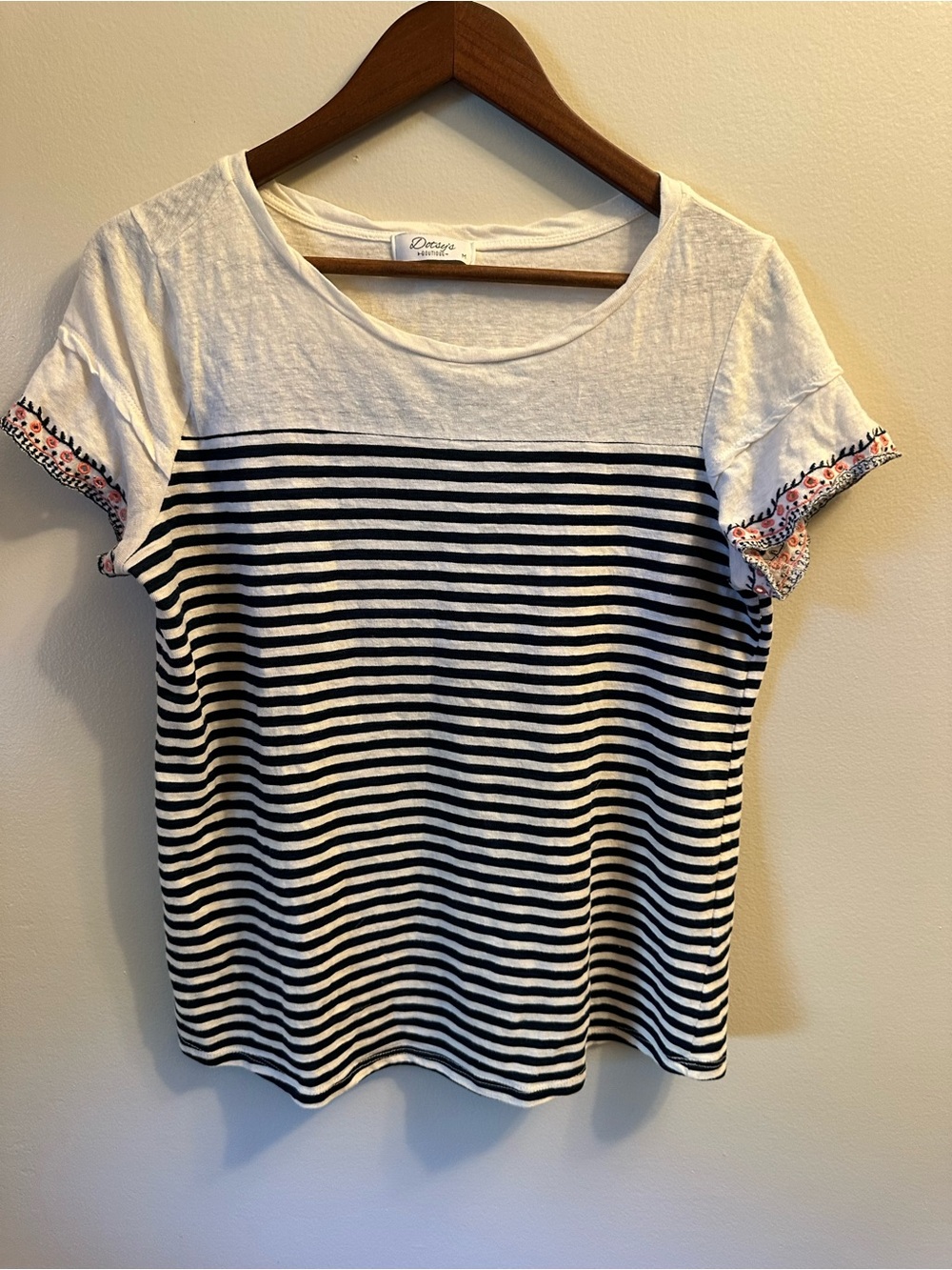 #394 Black and White Striped Short-Sleeve Tee with Embroidered Sleeves